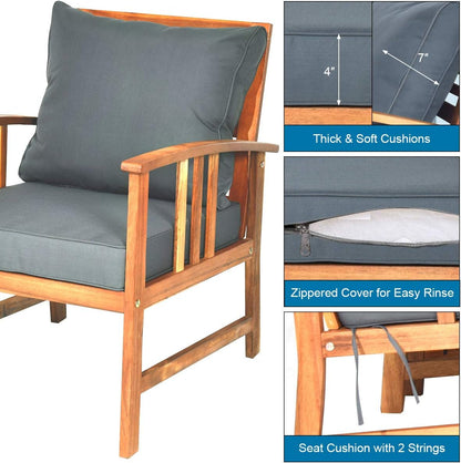 4 Pieces Acacia Wood Patio Furniture Set, Outdoor Seating Chat Set with Gray Cushions & Back Pillow, Conversation Set with Coffee Table, Ideal for Garden, Backyard, Poolside8