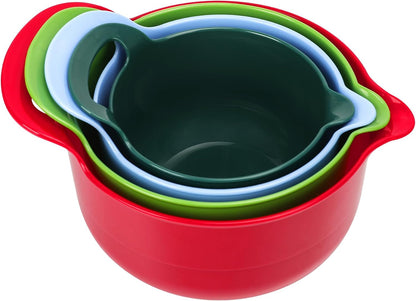 4 Pack Nesting Mixing Bowl Christmas Set with Pour Spout and Handle, BPA Free Microwave & Dishwasher Safe(Christmas Colours, 4 Pack with Handle)4
