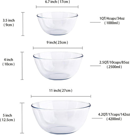Glass Mixing Bowl Set for Baking 3-Piece Salad Bowl Set (1Qt, 2.5Qt, 4.2Qt), High Brosilicate Large Bowls for Kitchen Prepping Serving and Storage, Microwave Dishwasher Oven Safe3