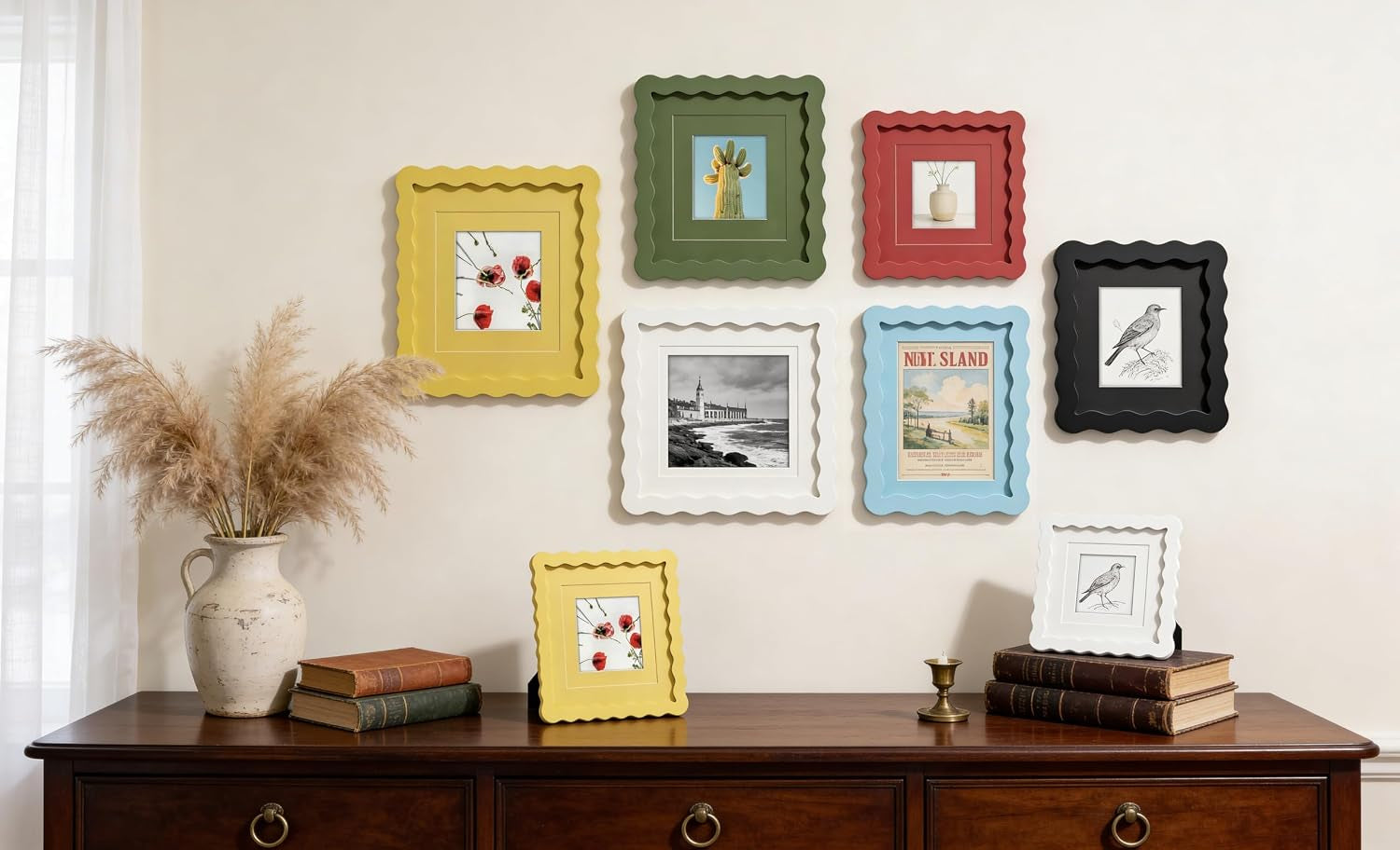 scalloped-8x10-picture-frame-real-glass-wood-frame-with-reversible-mat-for-5x7-6x8-prints-wavy-edge-for-wall-or-tabletop-decorative-photo-frame-yellow