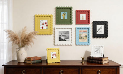 Scalloped 8X10 Picture Frame, Real Glass Wood Frame with Reversible Mat for 5X7/6X8 Prints, Wavy Edge for Wall or Tabletop, Decorative Photo Frame, Yellow8