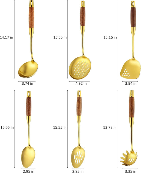 18/10 Stainless Steel Kitchen Utensils Set,6 Piece Cooking Utensils with Wood Handle,Heat Resistant Kitchen Tool Set with Spatula, Spoon, Ladle, Skimmer, Slotted Spoon, Pasta2