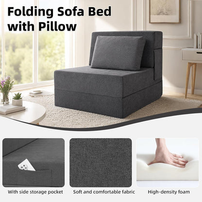 Folding Sofa Bed, Convertible Sleeper Chair with Pillow, Fold Out Chair Bed, High-Density Foam Floor Couch Bed, Foldable Futon Couch Lounge for Living Room (Grey, Single)4