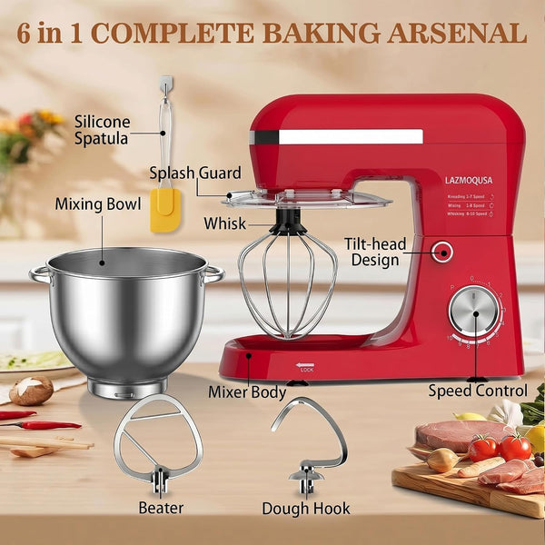 6In1 Stand Mixer with 6.5 Quart Bowl, 660W 10+P Speeds Kitchen Food Mixer Tilt-Head Bread Dough and Cake Mixers for Home Daily Use (Red)7
