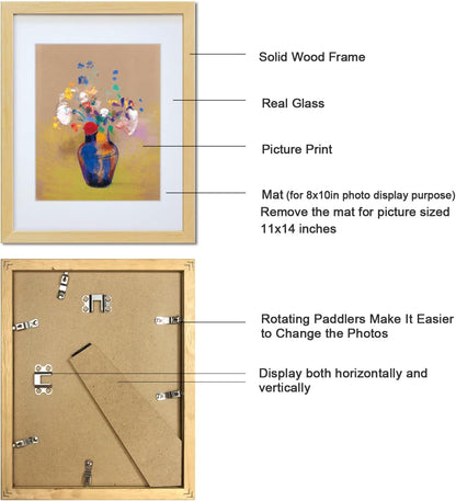 11X14 Picture Frame Made of Solid Wood Photo Frame with Real Glass for Pictures 8X10 with Mat or 11X14 without Mat, Wall Mount or Tabletop Gallery Photo Frames,Natural,4 Pack3