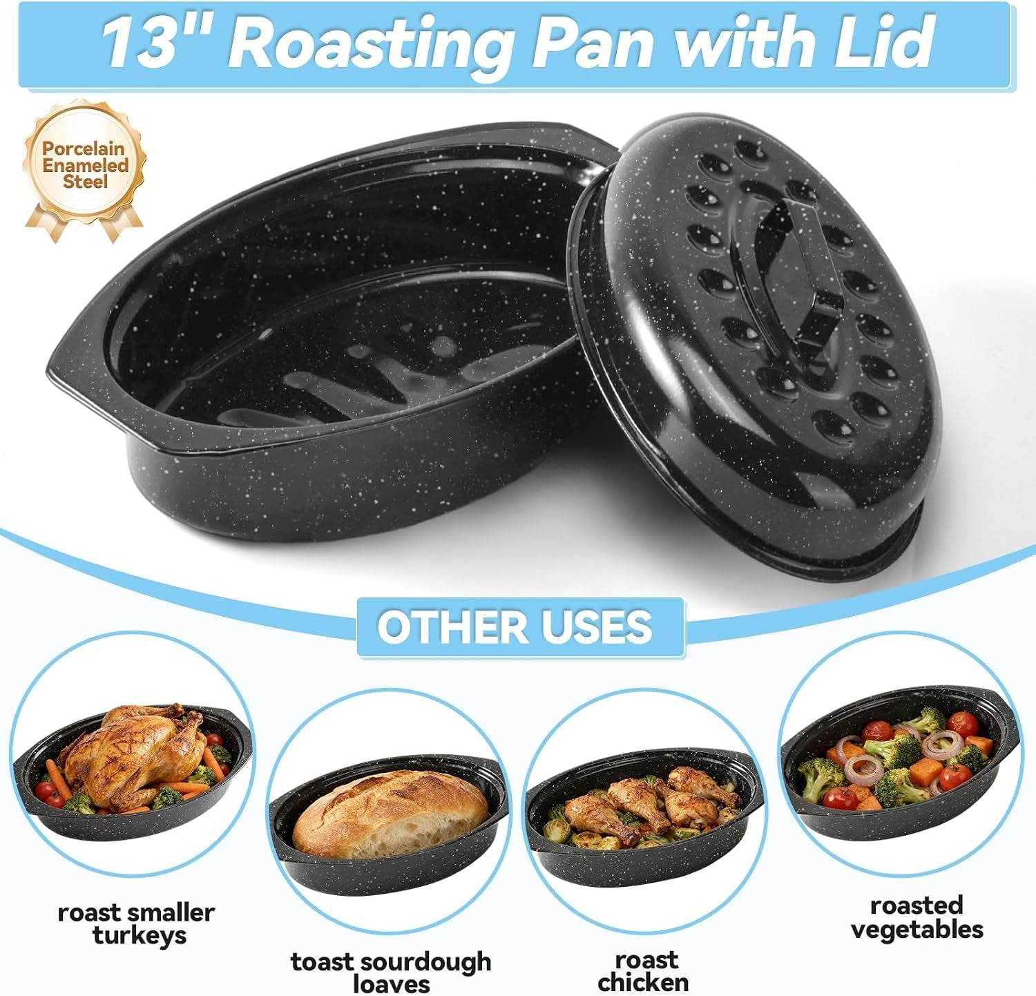 13-roasting-pans-for-ovens-porcelain-enameled-steel-oval-roaster-pan-with-domed-lid-for-small-turkey-chicken-vegetable-lamb-sourdough-bread