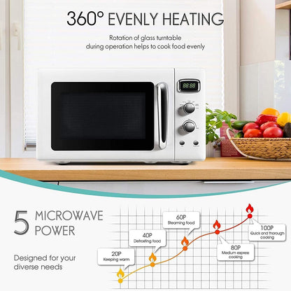 Retro Countertop Microwave Oven,  Compact Microwave Oven 0.9 Cu.Ft. W/Child Lock, 5 Micro Power, Defrost & 8 Auto-Cooking, LED Display, Easy Clean Interior, White, 900 W5