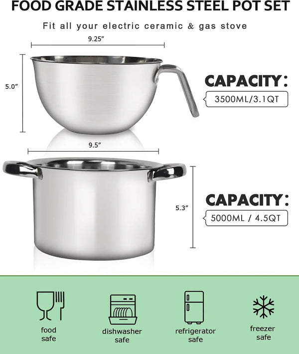 3.1QT Double Boiler Chocolate Melting Pot with 4.5QT Stainless Steel Pot | 304 Food-Grade Steel, Rust-Proof. Melt Chocolate, Butter, Candy, Wax, Soap. Stovetop Safe, Dishwasher Safe3