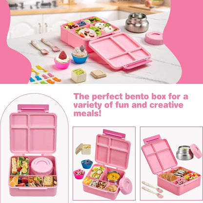 Bento Lunch Box with 9.5 Oz Soup Thermo, Kids Leakproof 4 Compartments Bento Box with Silicone Cupcake,Fruit Fork,Spoon and Sauce Cup,Insulated Food Jar for School Travel-Pink5