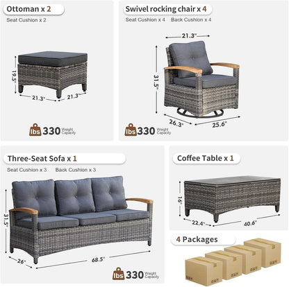 8 Pieces Patio Furniture Sets,Wicker Patio Conversation Sets with 4 Wood Armrests Swivel Glide Chairs, 2 Ottoman, 3-Seat Sofa and Coffee Table (Grey)7