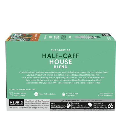 Starbucks K-Cup Coffee Pods, Half-Caff House Blend, 6 Boxes 60 Count | 100% Arabica K-Cup Pods for Keurig Brewers; House Blend Medium Roast with Reduced Caffeine; 6 Boxes, 10 Pods Each (60 Total)10