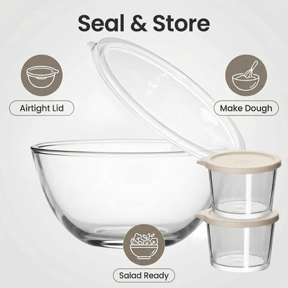 Large Glass Bowl for Sourdough Bread Making with Lid, 5Quart Deep Big Glass Bowl Large Salad Bowl with 8Oz Small Bowls (Clear)7