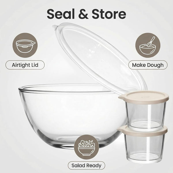 Large Glass Bowl for Sourdough Bread Making with Lid, 5Quart Deep Big Glass Bowl Large Salad Bowl with 8Oz Small Bowls (Clear)7