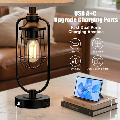 24" Farmhouse Table Lamps for Living Room Set of 2, Black Rustic Lamps for Night Stands with USB Ports, Industrial Bedside Lamp for Bedroom End Tables, Bulbs Included3