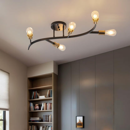 Modern Sputnik Semi Flush Mount Ceiling Light Fixture Black and Gold,5-Lights Mid Century Sputnik Chandelier for Dining Room,Kitchen,Hallway,Laundry Room,Bedroom(Bulbs Not Included)1