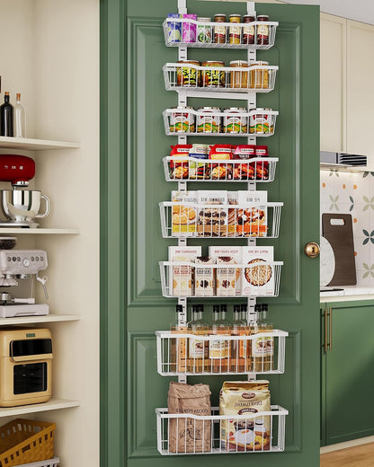 over the Door Organizer，8-Tier over the Door Pantry Organizer with Adjustable Baskets，Metal Hanging Pantry Organizers and Storage for Kitchen, Back of Door Seasoning Rack (White)1