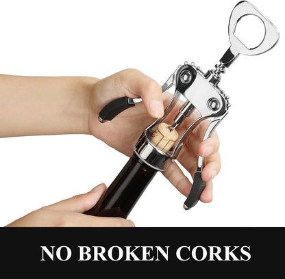 Wine Opener, Heavy-Duty Zinc Alloy Wing Corkscrew, Premium Beer Bottle Opener, Multifunctional Wine Accessories with Ergonomic Handle and Sharp Screw, for Kitchen, Bar, Restaurant (SILVER)5
