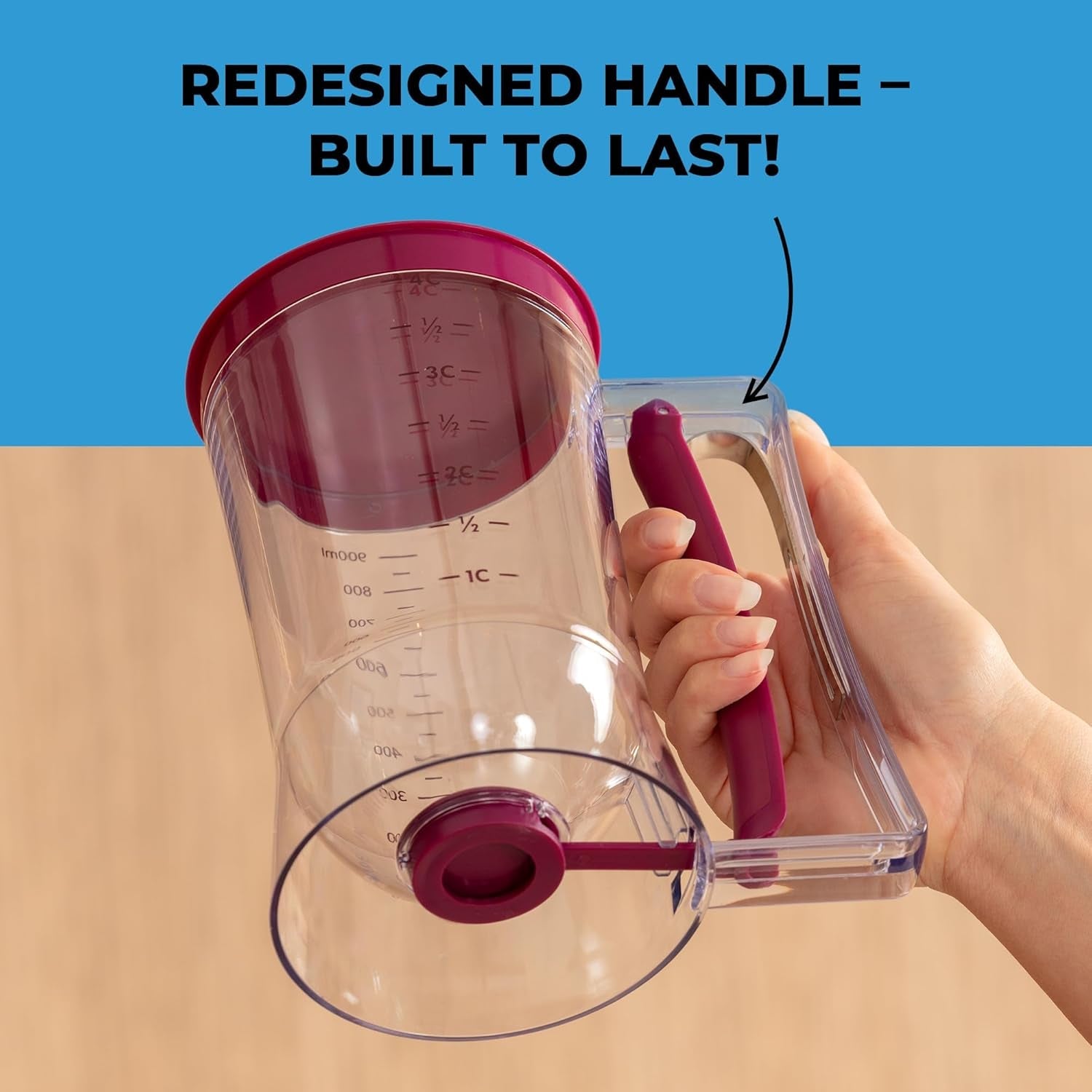 pancake-batter-dispenser-squeeze-handle-for-pancakes-waffles-cupcakes-griddle-use-cake-crepe-and-muffin-batter-measuring-marks-easy-portion-control-mess-free-pouring-4-cup-capacity-purple