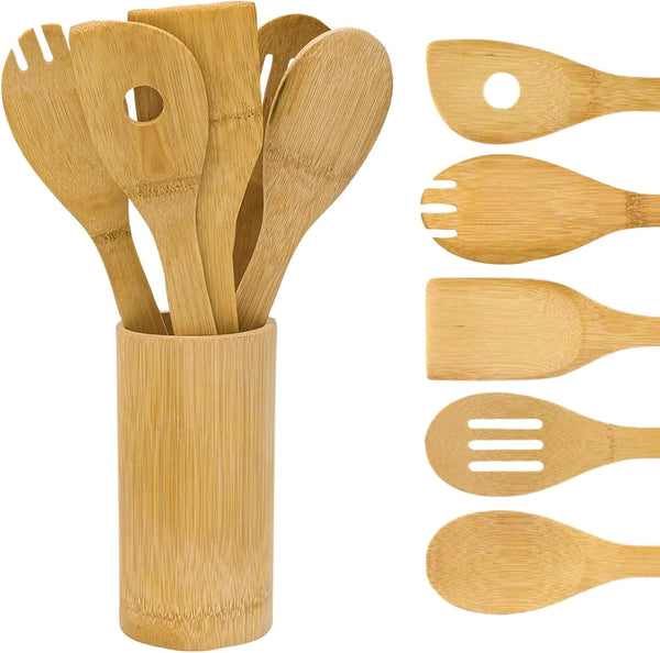 6Pc Bamboo Wooden Cooking Utensil Set with Holder Nonstick Safe Kitchen Tools, Dishwasher Safe1