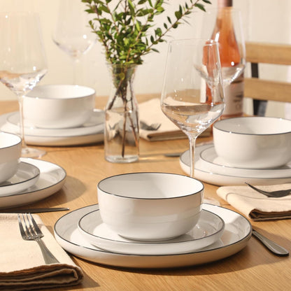 Oslo 12-Piece Porcelain Dinnerware Set – Dinner Plates, Salad Plates & Bowls, Classic White with Black Rim Everyday Dish Set for Home, Kitchen, Microwave & Dishwasher Safe5