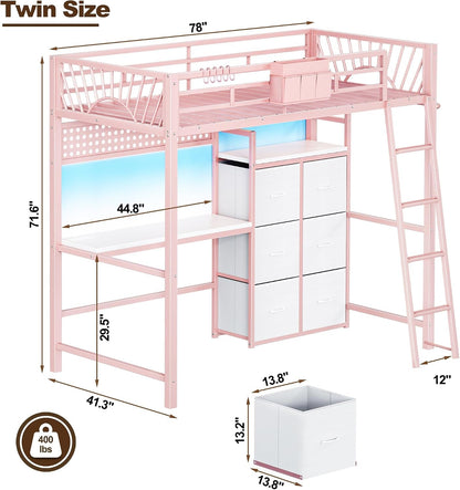 Twin Loft Bed with Desk and 6 Storage Drawers, Charging Station & LED, Pink2