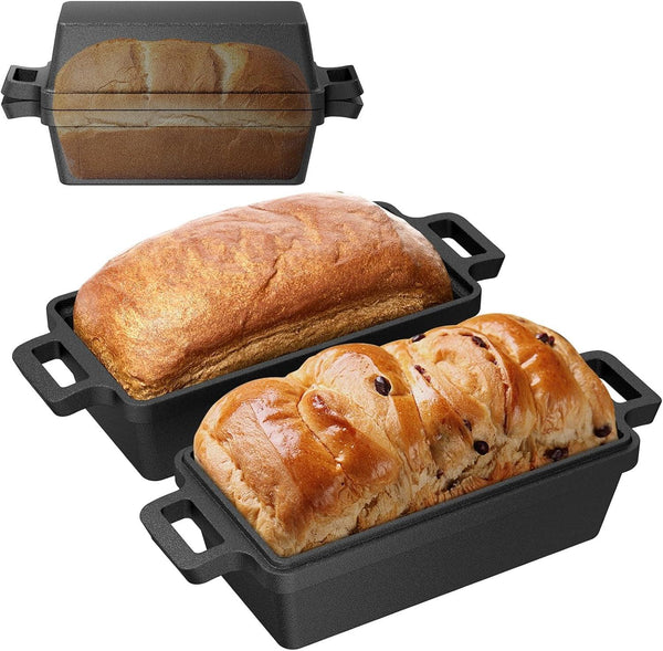 9×5 Inch Cast Iron Loaf Pan with Lid, 2 Pack Bread Pans for Baking | Premium Cast Iron Loaf Pan & Bread Pan Set Evenly Distributes Heat for Crisp Bread Crusts. Multi-Cooker Compatible1
