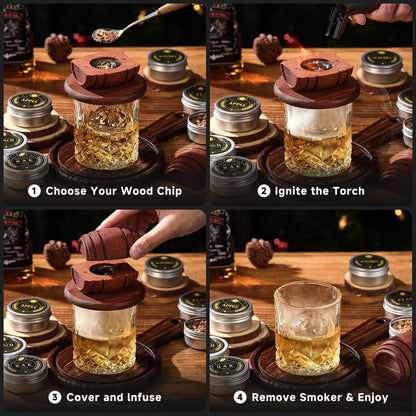 Whiskey Smoker Kit with Torch - 6 Flavors Wood Chips, 2 Glasses, 2 Ice Ball Molds - Cocktail Smoker Infuser Kit, Old Fashioned Drink Smoker Kit, Birthday Bourbon Whiskey Gifts for Men,Dad(No Butane)7