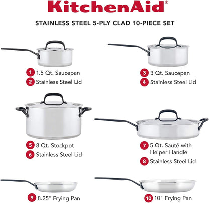 Kitchenaid 5-Ply Clad Stainless Steel Cookware Induction Pots and Pans Set, 10-Piece, Polished Stainless Steel2
