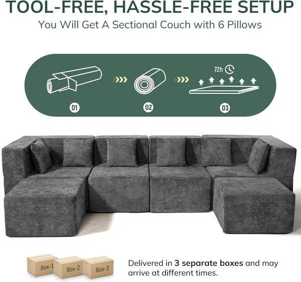 Modular Sectional Cloud Couch for Living Room - 130'' 6 Seater Convertible Chenille Couches Set with Ottoman, No Assembly Compression Sofas, Comfy Floor Sofa with Memory Foam, Grey5