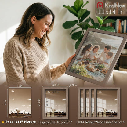 11X14 Picture Frame 4 Pack, Walnut Solid Wood, Gallery Wall Hanging2
