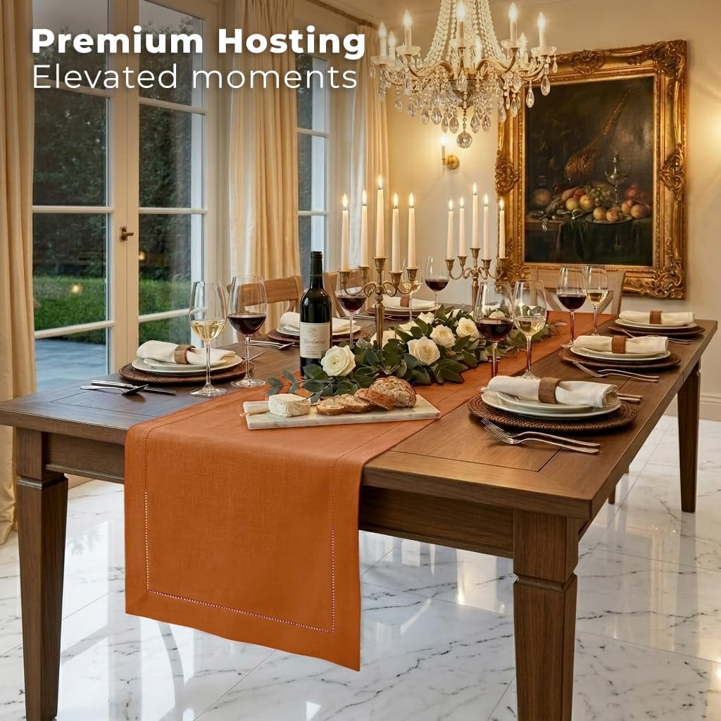 signature-linen™-by-dmoksha-rust-table-runner-90-inches-long-100-pure-linen-hemstitch-14-x-90-inch-table-runner-for-dresser-dining-fall-weddings-outdoor-hosting
