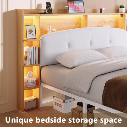Queen Size Bed Frame with Storage & Upholstered Headboard, 2 Fabric Drawers, Charging Station & RGB LED Lights, Metal Platform Bed, No Box Spring Needed, Natural3