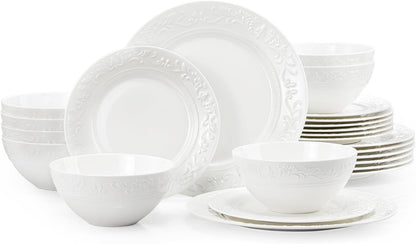 24Pcs Vintage Relief White Bone China Set, Service for 81