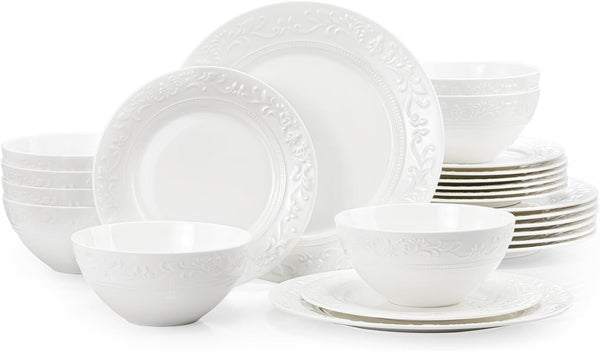 24Pcs Vintage Relief White Bone China Set, Service for 81