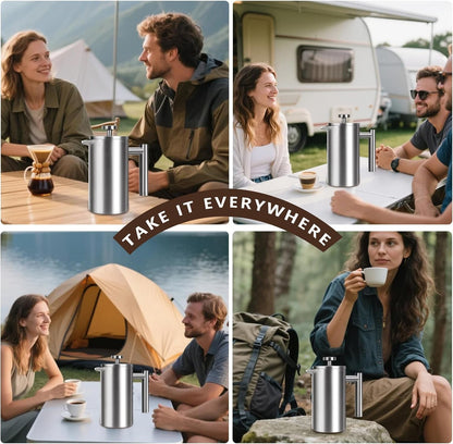 French Press 34 Oz, Full Stainless Steel French Press Coffee Maker 4 Cups | Upgraded Double-Walled Insulated French Coffee Presses, Food Grade Good for Kitchen Camping, Dishwasher Safe 2 More Filters7