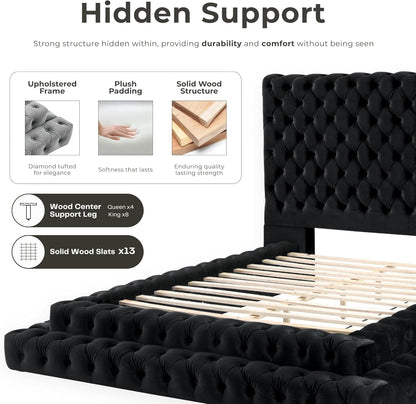 Sable Fabric Upholstered Step up King-Size Platform Bed with Oversized Headboard, Deep Button Tufting, No Box Spring Required for Bedroom, Guest Room, Black4