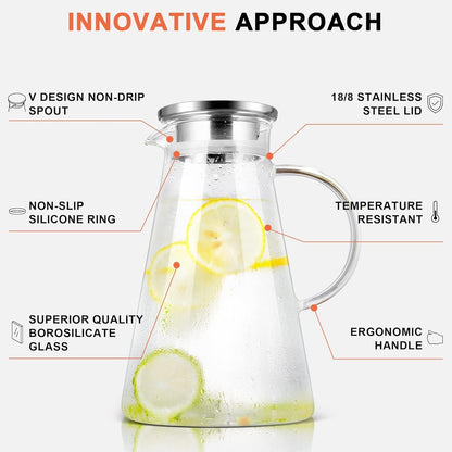 2L/68Oz Glass Pitcher with Lid and Handle,Carafe for Hot/Cold Water | Hand-Blown Heat Resistant Borosilicate Beverage for Brew,Coffee,Iced Tea,Juice, Easy Clean with Long-Handled Brush3