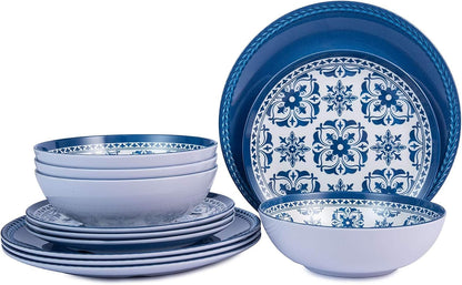 Melamine Dinnerware Set -12Pcs Outdoor and Indoor Plates and Bowls Set ,Service for 4, Dishwasher Safe, Blue Flower1