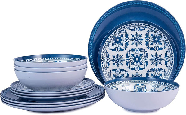 Melamine Dinnerware Set -12Pcs Outdoor and Indoor Plates and Bowls Set ,Service for 4, Dishwasher Safe, Blue Flower1