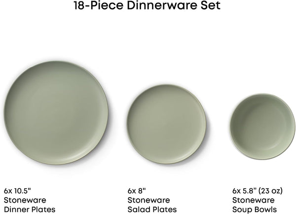 Mesa Stoneware Dinnerware Set, 18-Piece Plates and Bowls Sets, Includes Dinner - Salad and Cereal and Soup Bowls, Modern Farmhouse Matte Sage Green Dish Set for 63