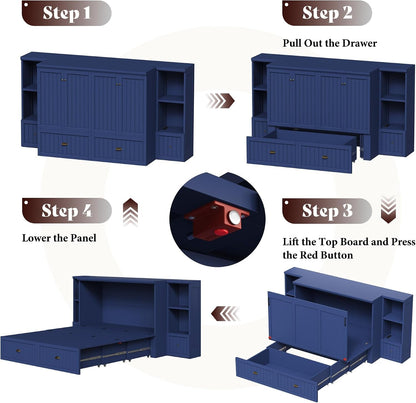 Queen Size Murphy Bed with Bedside Tables & 3 Storage Drawers3