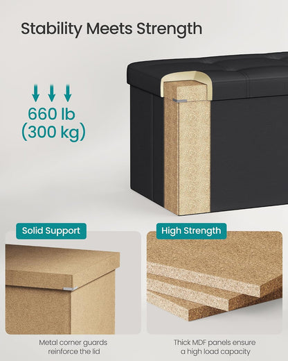 SONGMICS MAZIE Collection - 43 Inches Folding Storage Ottoman Bench, Ottoman with Storage, Foot Rest Stool, Load 660 Lb, for Living Room, Synthetic Leather, Black ULSF7015