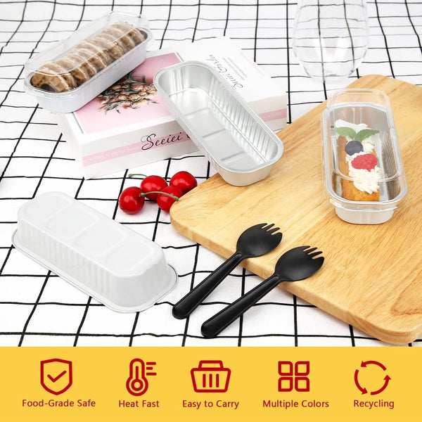 Mini Loaf Cake Pans with Lids 100 Pack, Small Foil Baking Tins | 6.8Oz Rectangle, White, Disposable Aluminum Cake Cups, Individual Dessert Containers for Wedding, Bake Sales2