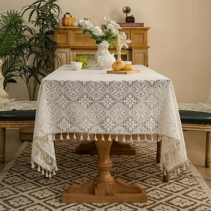 Cotton Linen Look Tablecloth Rectangle 86 Inch, Farmhouse Textured Tablecloth with Crochet Lace and Tassels, Vintage Table Cover for Dining Kitchen Wedding Party 60"X60"4