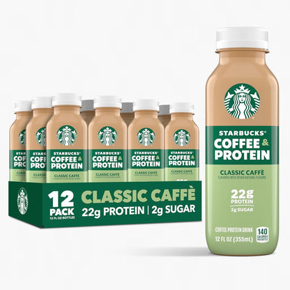 Starbucks Coffee & Protein, Classic Caffe, 12 Fl Oz Bottles, (12 Pack), 22G Protein, 2G Sugar, No Added Sugar, 5G Prebiotic Fiber, High Protein Iced Coffee1
