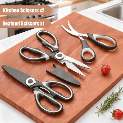 3 Pack Kitchen Scissors & Seafood Scissors Set, Sharp Kitchen Shears | All Purpose Stainless Steel Heavy Duty for Poultry Food Dishwasher Safe with Protective Sheath Comfort-Grip3