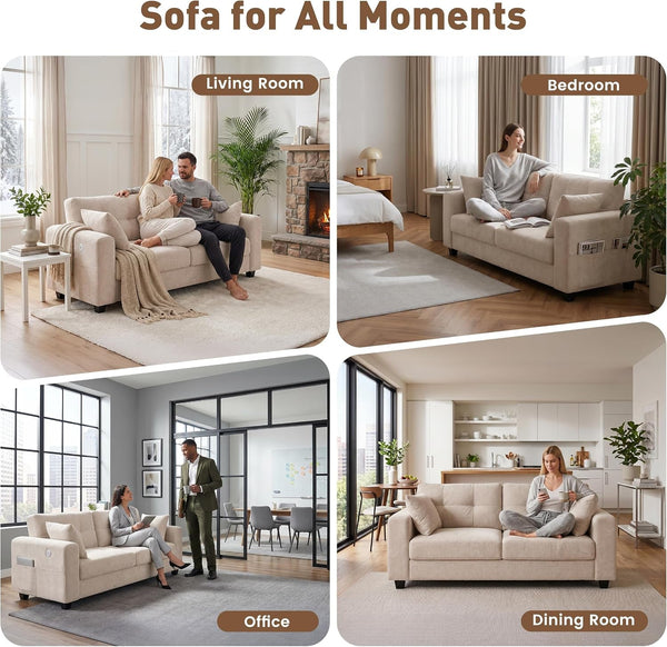 70" Loveseat Sofa with Type-C/2 USB Charger Ports, Chenille Upholstered Couch with Storage Pockets, Spring Cushion, Removable Cover, Modern Love Seat for Living Room, Bedroom, Office, Small Spaces4