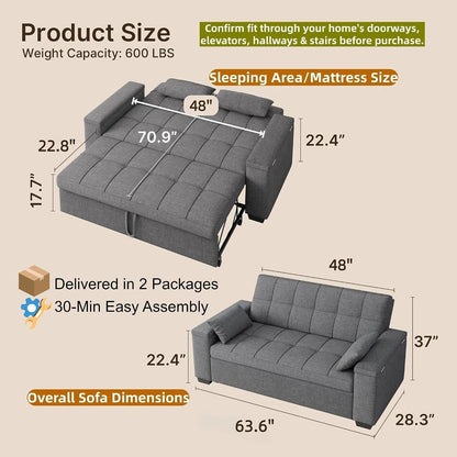 Convertible Sofa Bed 63.6'' 3 in 1 Sleeper Sofa Small Loveseat Couch3