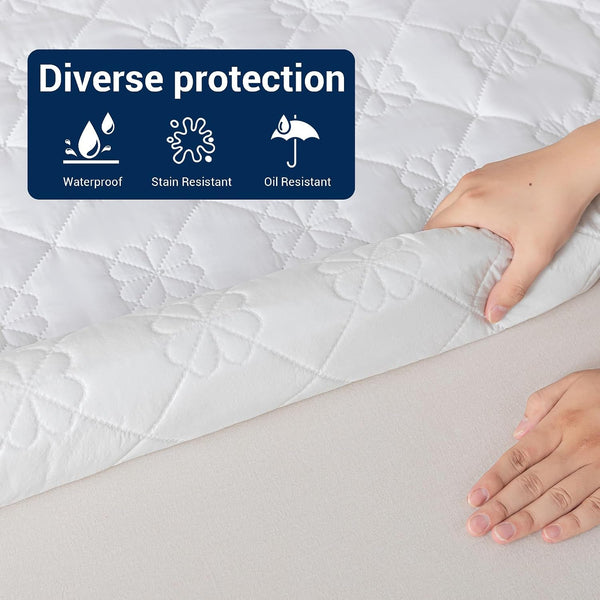 100% Waterproof Mattress Protector Queen Size, Ultra-Soft Breathable Noiseless Mattress Pad with Deep Pocket 6"-18" Depth, Oil & Stain Resistant Bed Wetting Mattress Cover Washable (White)2