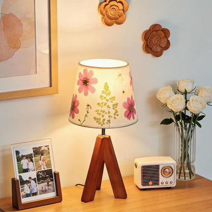 Dried Flowers Tripod Table Lamp 14.17In, 9W LED Dimmable Cute Bedside Lamp with Flowers Linen Lampshade for Nursery, Bedroom, Kid Room, Living Room, Light Brown Wooden Base7